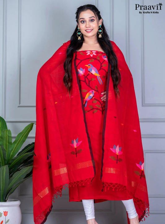 Red Handwoven Cotton Jamdani Unstitched Suit Set