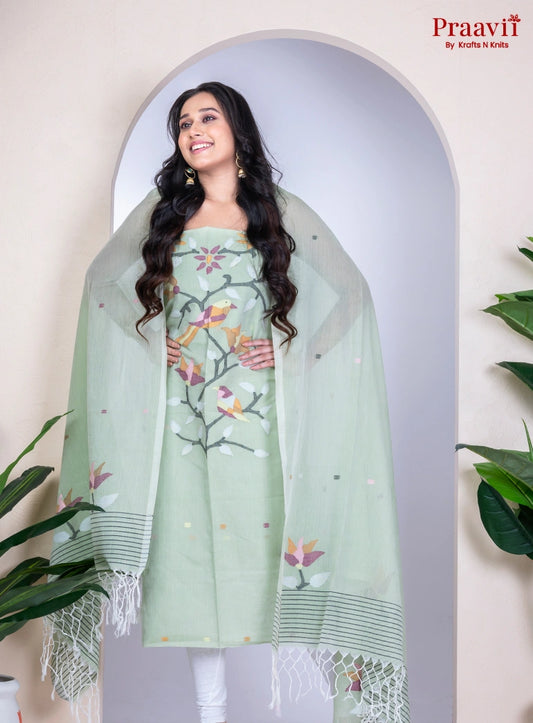 Mint Green Handwoven Cotton Jamdani Unstitched Suit Set