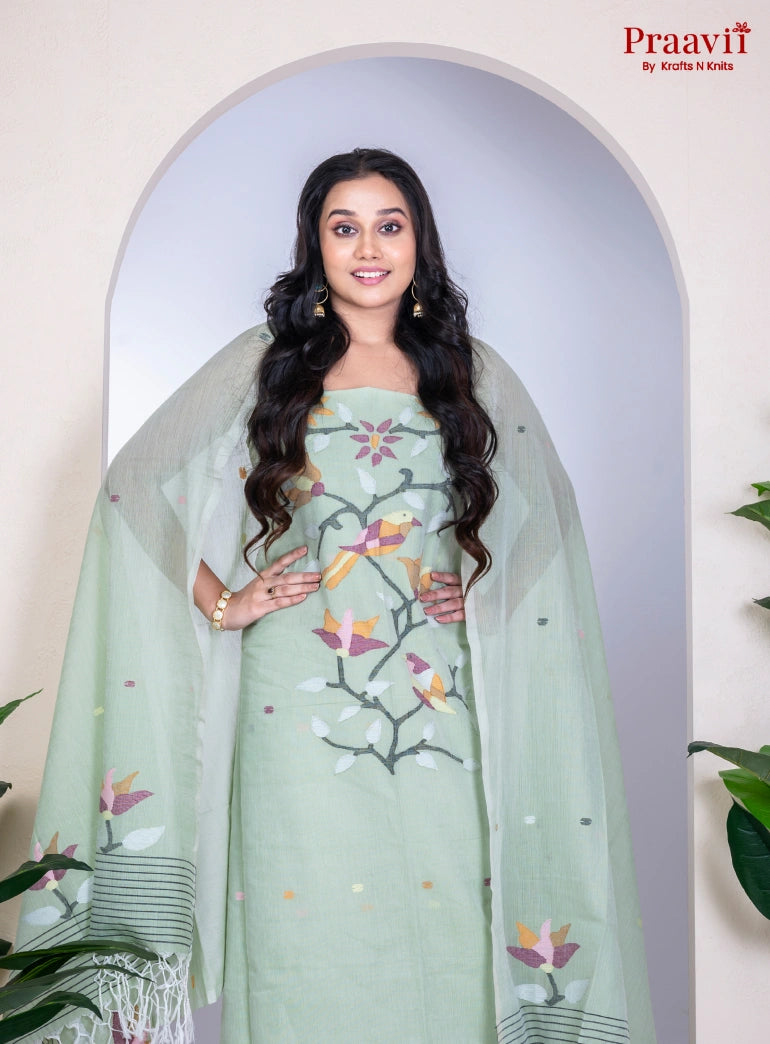 Mint Green Handwoven Cotton Jamdani Unstitched Suit Set