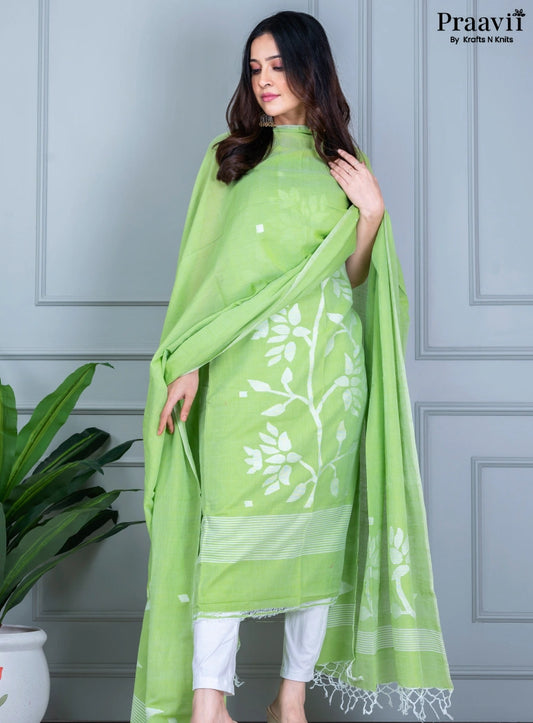 Lime Green Cotton Jamdani Unstitched Suit Set