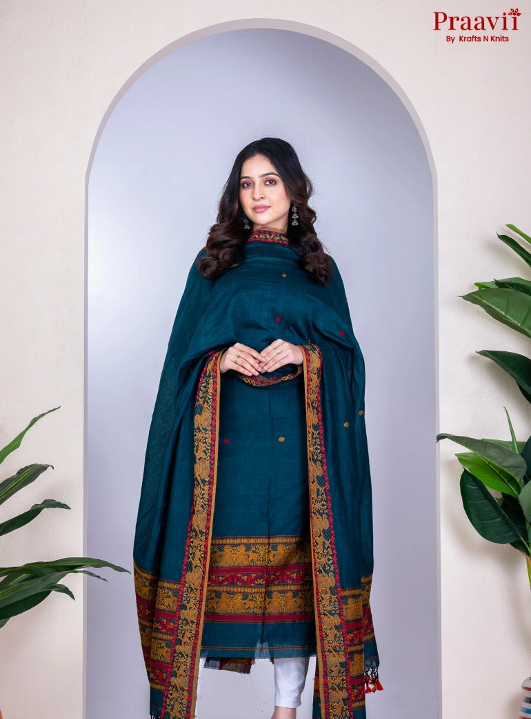 Baluchari motif Deep Blue Cotton Jamdani Handwoven Unstitched Suit Set