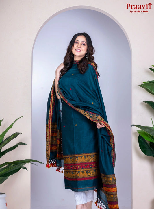 Deep Blue Cotton Jamdani Handwoven Unstitched Suit Set