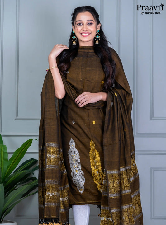 Deep Brown Jamdani Cotton Unstitched Suit Set