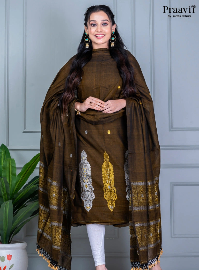 Deep Brown Jamdani Cotton Unstitched Suit Set