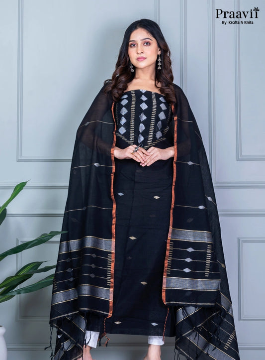 Black Cotton Jamdani Handwoven Unstitched Suit Set