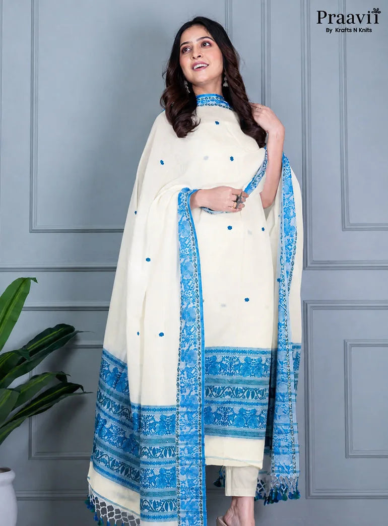 Off-White Handwoven Unstitched Cotton Jamdani Suit Set