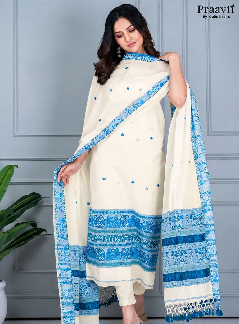 Off-White Handwoven Unstitched Cotton Jamdani Suit Set