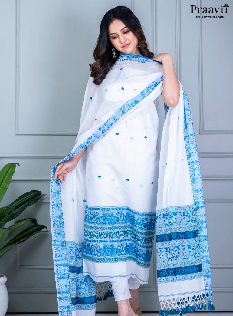 Pure White Cotton Jamdani Handwoven Unstitched Suit Set