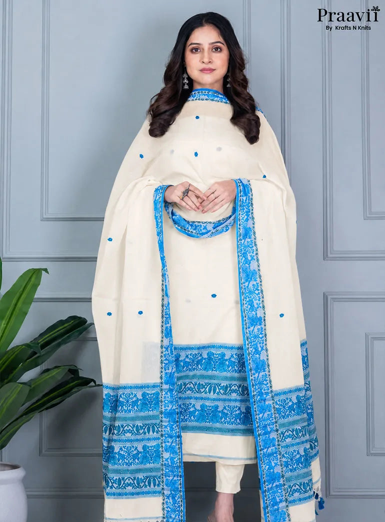 Off-White Handwoven Unstitched Cotton Jamdani Suit Set