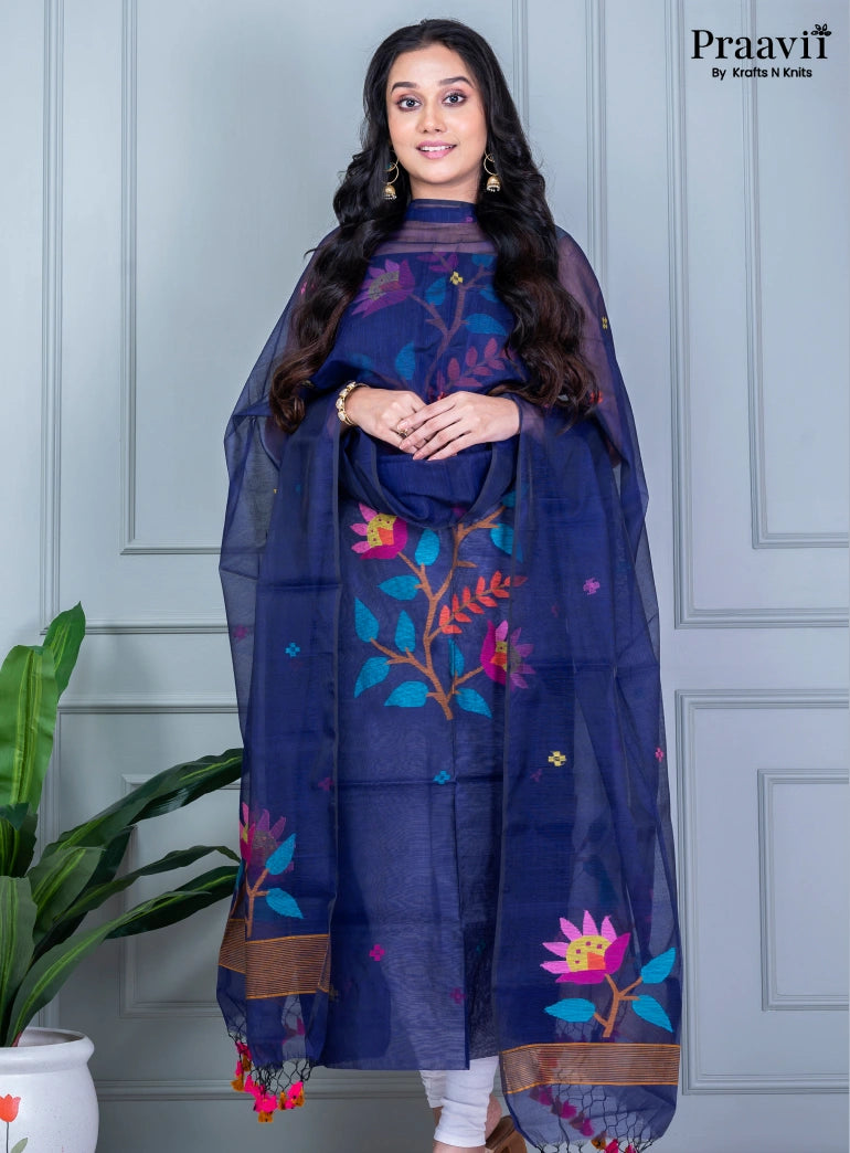 Persian Blue Jamdani Cotton Handwoven Unstitched Suit Set