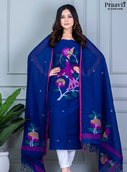 Persian Blue Jamdani Cotton Handwoven Unstitched Suit Set