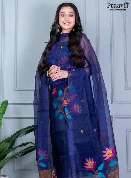 Persian Blue Jamdani Cotton Handwoven Unstitched Suit Set