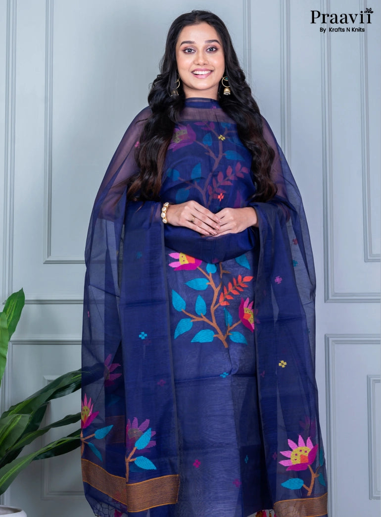 Persian Blue Jamdani Cotton Handwoven Unstitched Suit Set