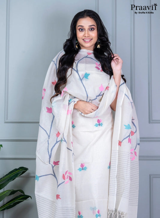 White Cotton Handwoven Jamdani Unstitched Suit Set