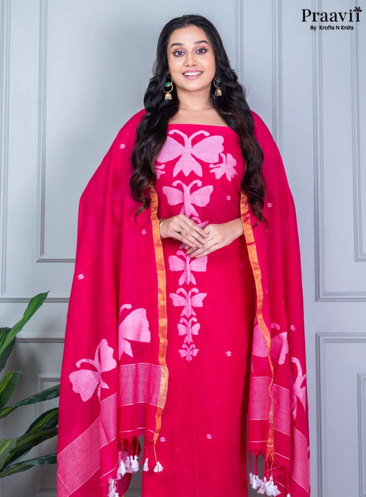 Crimson Red Color Cotton Jamdani Unstitched Suit Set