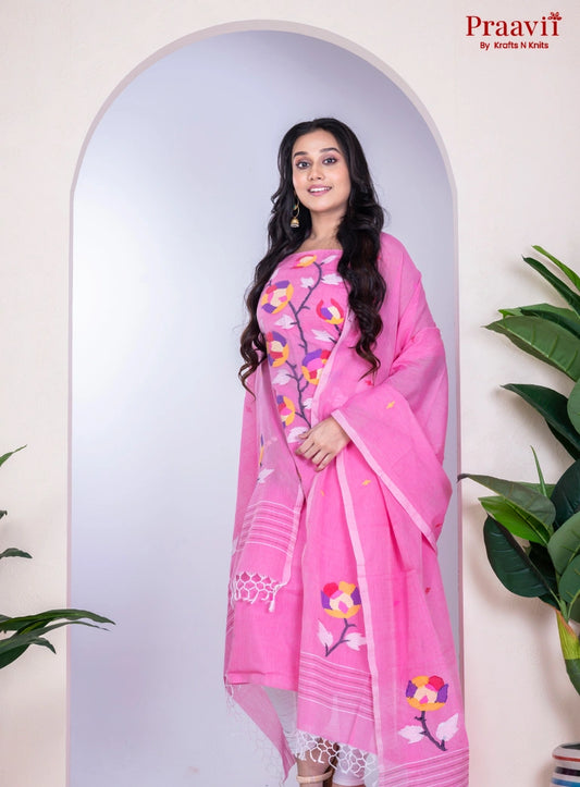 Pink Cotton Handwoven Jamdani Unstitched Suit Set