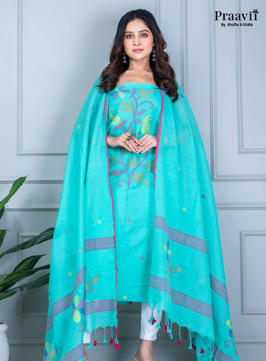 Cyan Color Cotton Jamdani Unstitched Suit Set