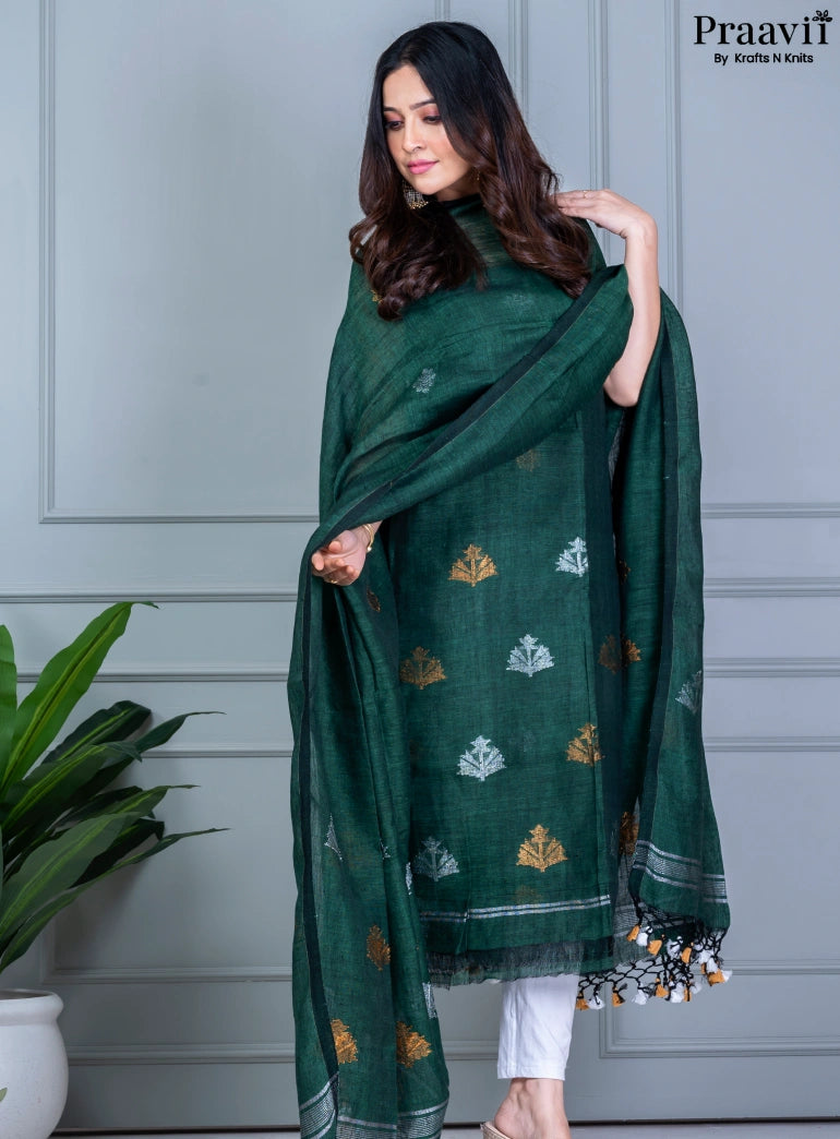 Bottle Green Linen Jamdani Unstitched Suit Set