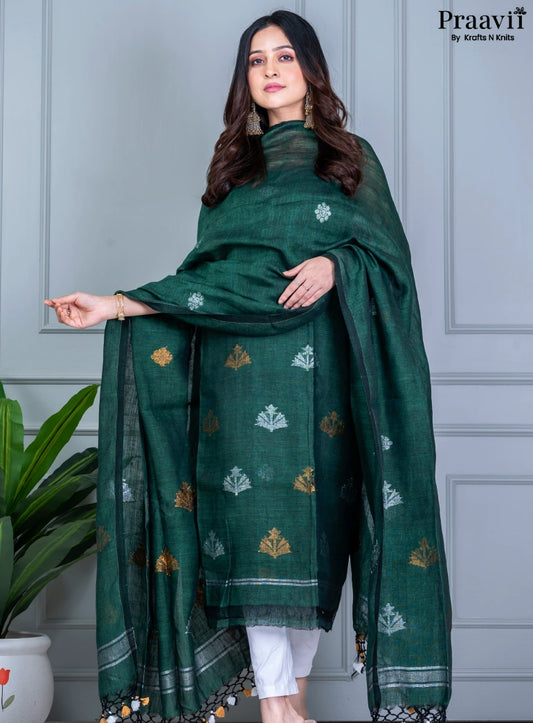 Bottle Green Cotton Jamdani Unstitched Suit Set