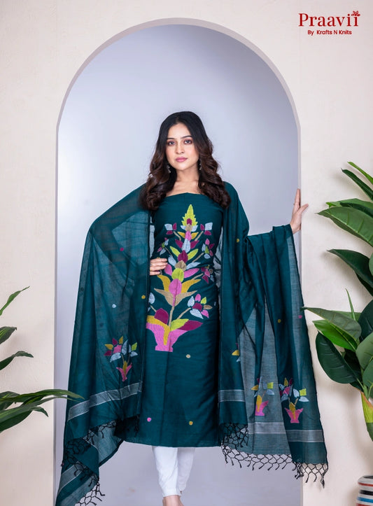 Bottle Green Cotton Jamdani Handwoven Unstitched Suit Set