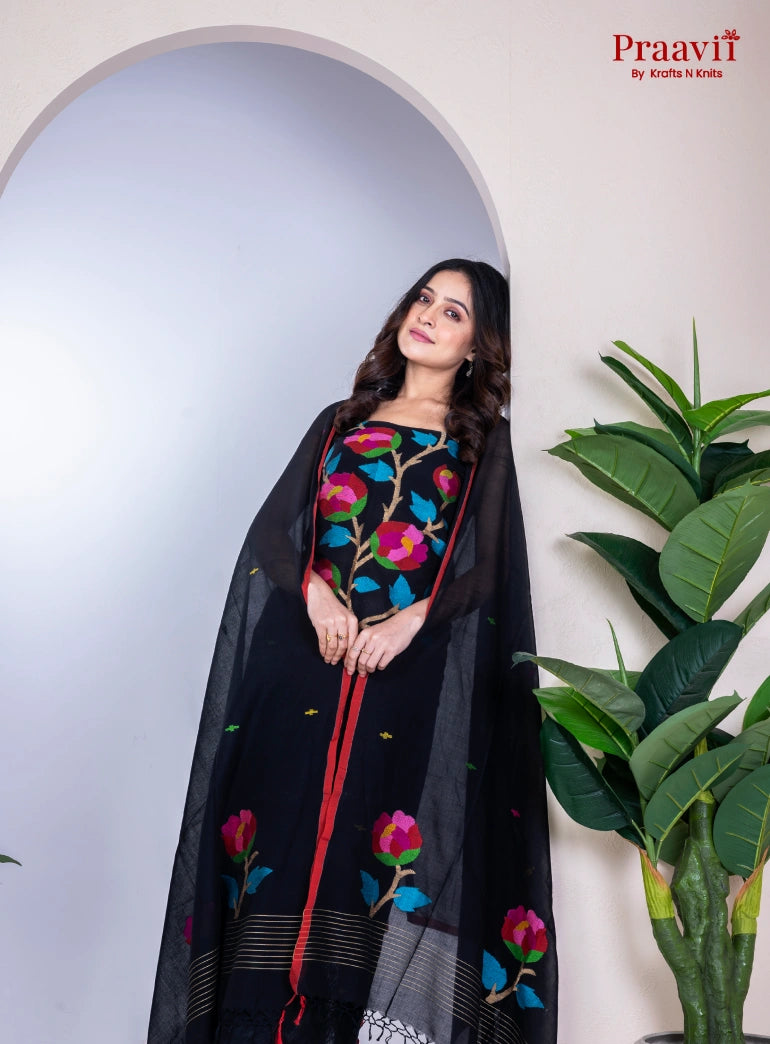 Black Cotton Jamdani Handwoven Unstitched Suit Set