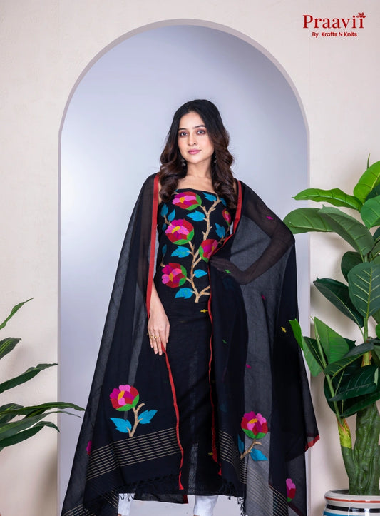 Black Cotton Jamdani Handwoven Unstitched Suit Set