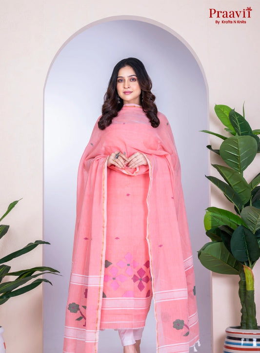 Peach Pink Jamdani Cotton Unstitched Suit Set