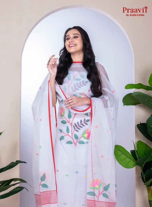 White Cotton Jamdani Unstitched Suit Set