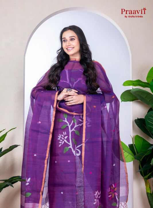 Purple Muslin Handwoven Jamdani Unstitched Suit Set