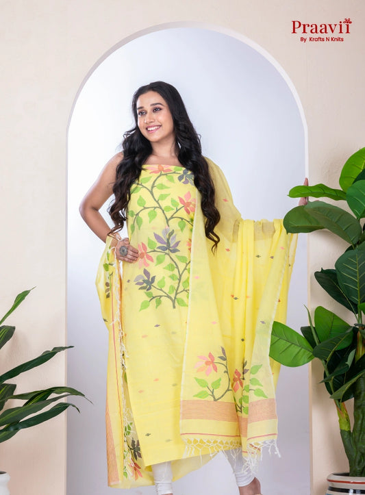 Yellow Cotton Jamdani Unstitched Handwoven Suit Set