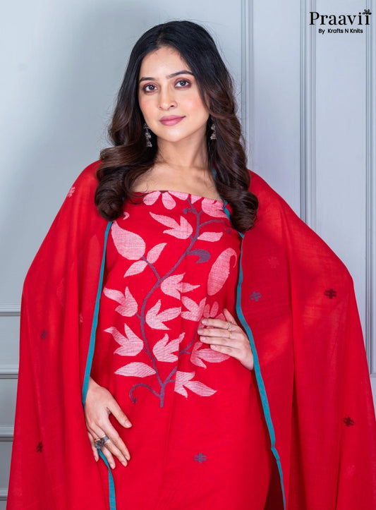 Scarlet Red Unstitched Cotton Jamdani Suit Set