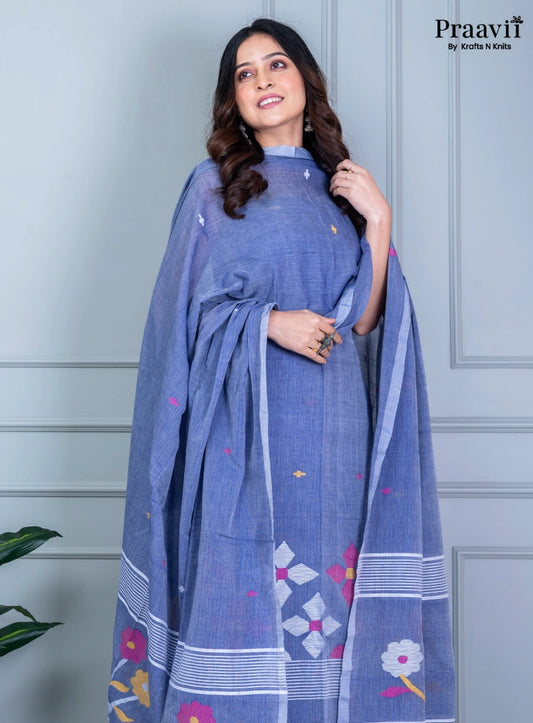 Grey Blue Unstitched Cotton Jamdani Suit Set
