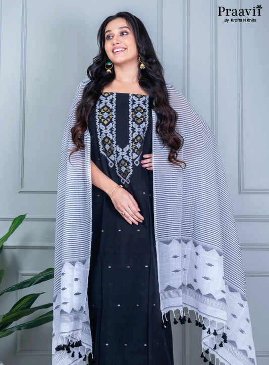 Black & White Unstitched Cotton Dhakai Jamdani Suit Set
