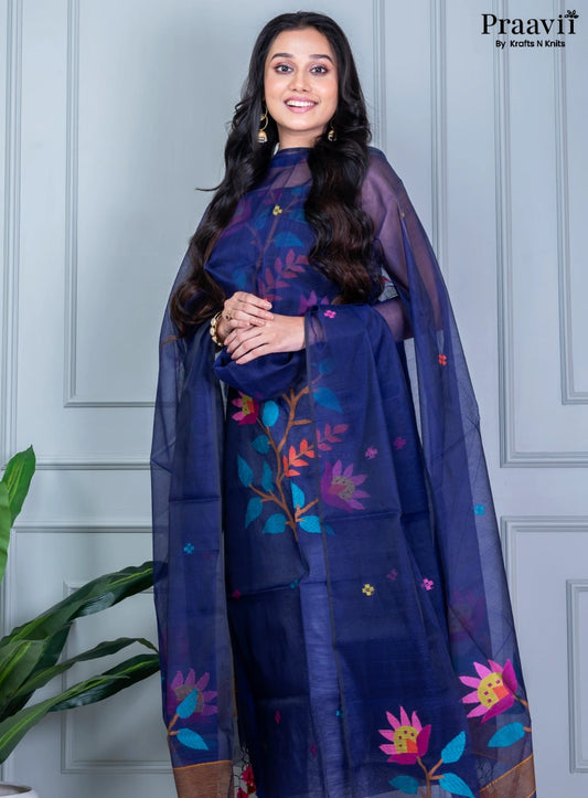 Navy Blue Unstitched Muslin Jamdani Suit Set