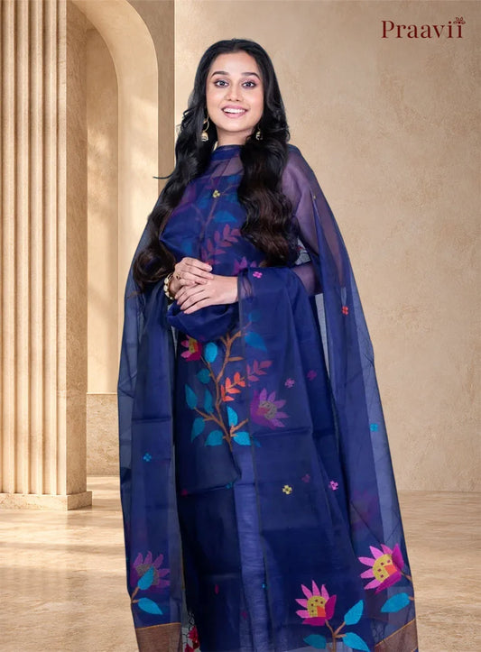 Navy Blue Unstitched Muslin Jamdani Suit Set
