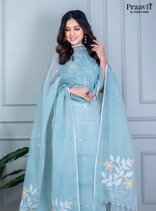 Sky Blue Unstitched Muslin Jamdani Suit Set
