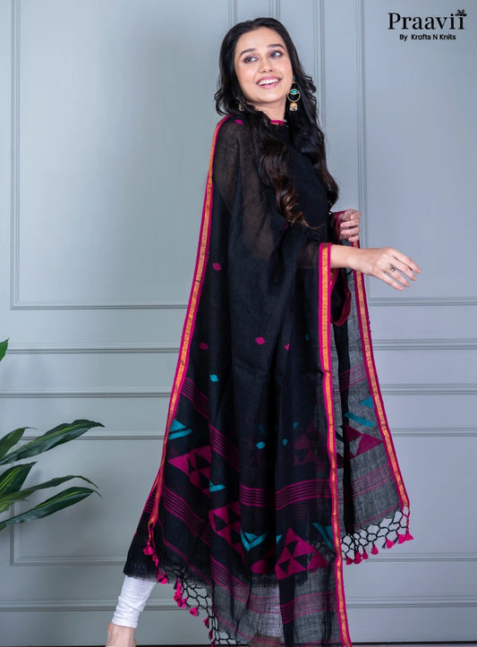 Black Unstitched Linen Jamdani Suit Set