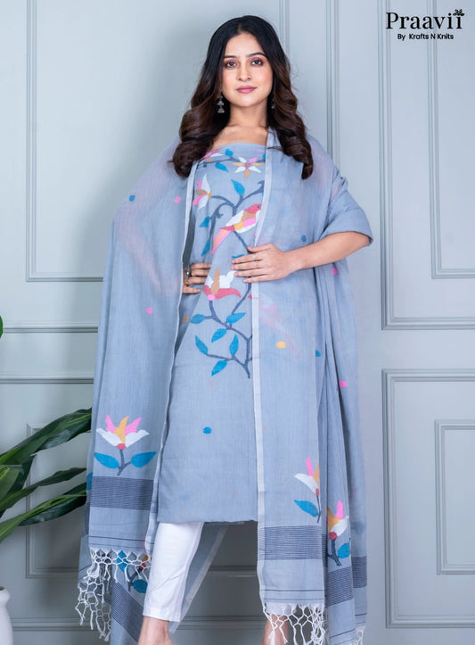 Celestial Blue Unstitched Cotton Jamdani Suit Set