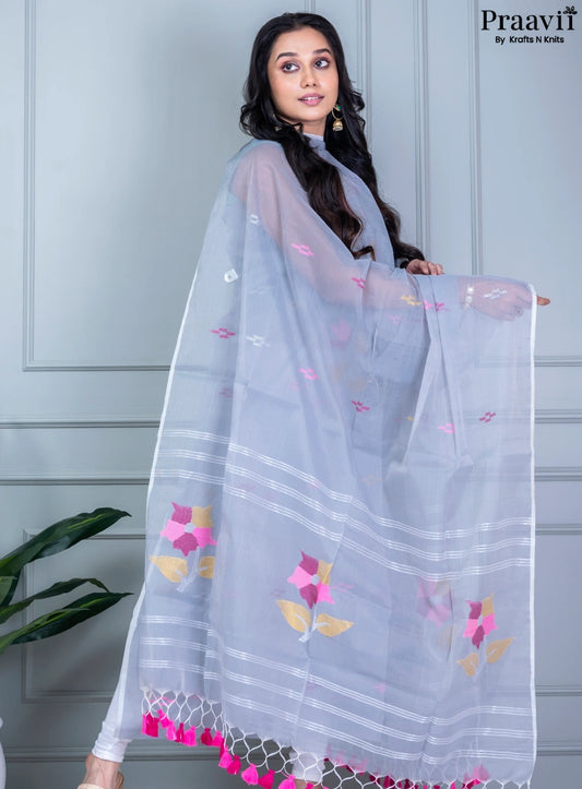 Cerulean Blue Unstitched Muslin Jamdani Suit Set