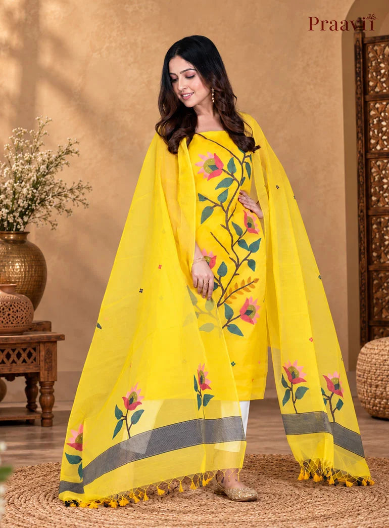 Yellow Unstitched Muslin Jamdani Suit Set