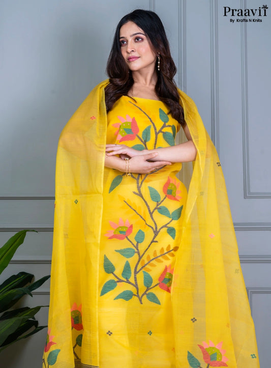 Yellow Unstitched Muslin Jamdani Suit Set
