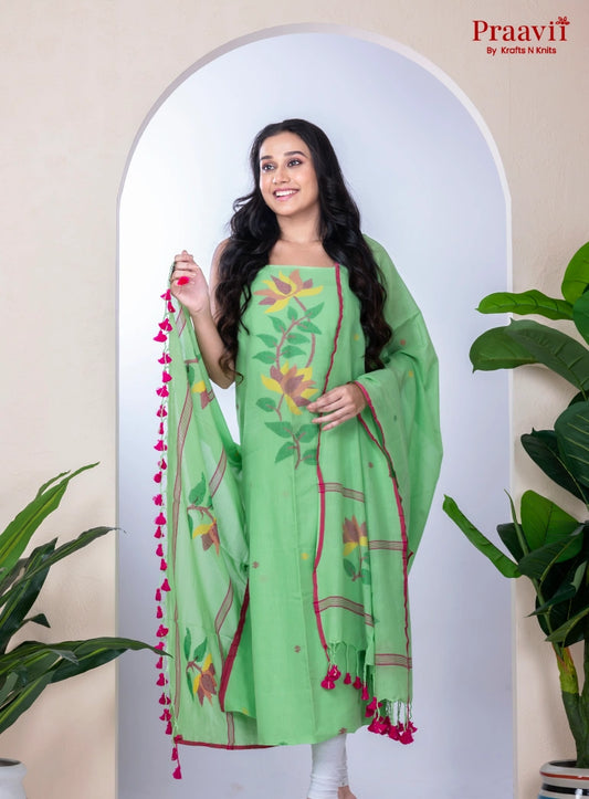 Green Unstitched Cotton Jamdani Suit Set
