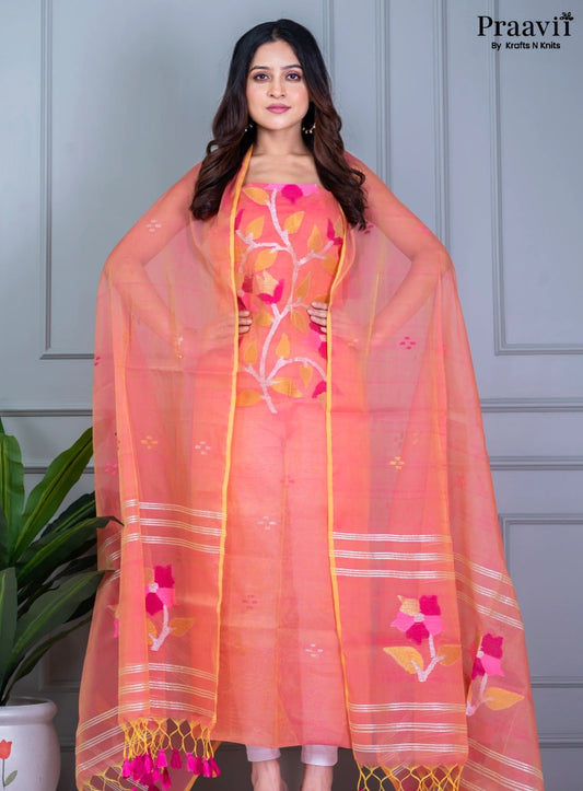 Peach Muslin Jamdani Unstitched Suit Set