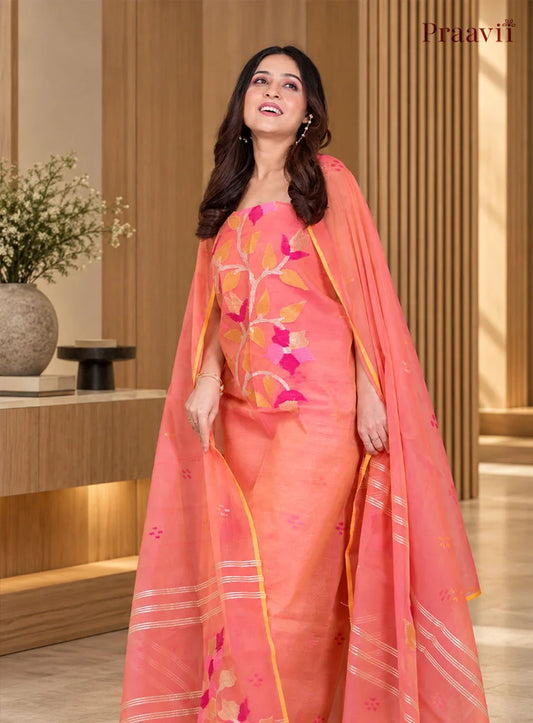 Peach Muslin Jamdani Unstitched Suit Set
