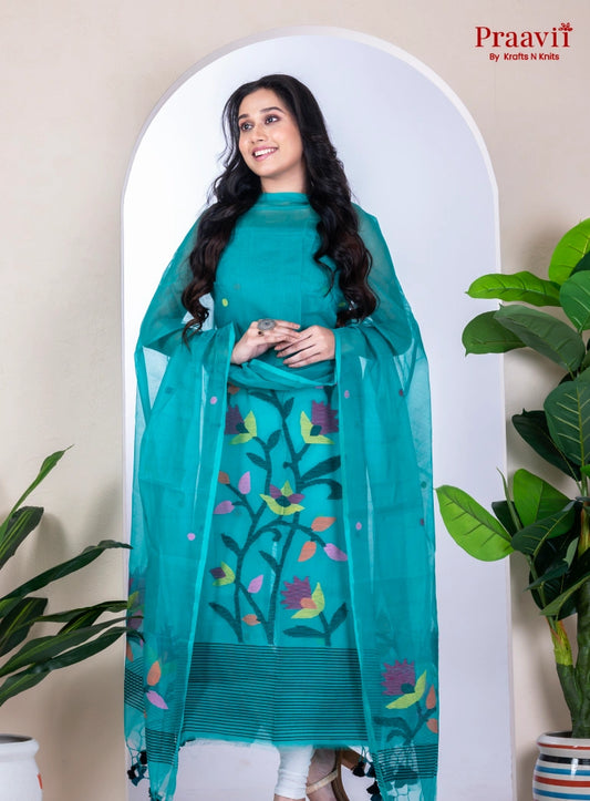 Turquoise Unstitched Muslin Jamdani Suit Set