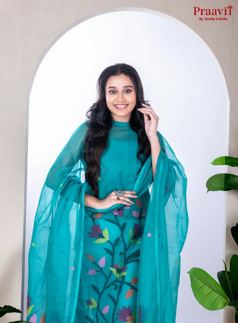 Turquoise Unstitched Muslin Jamdani Suit Set