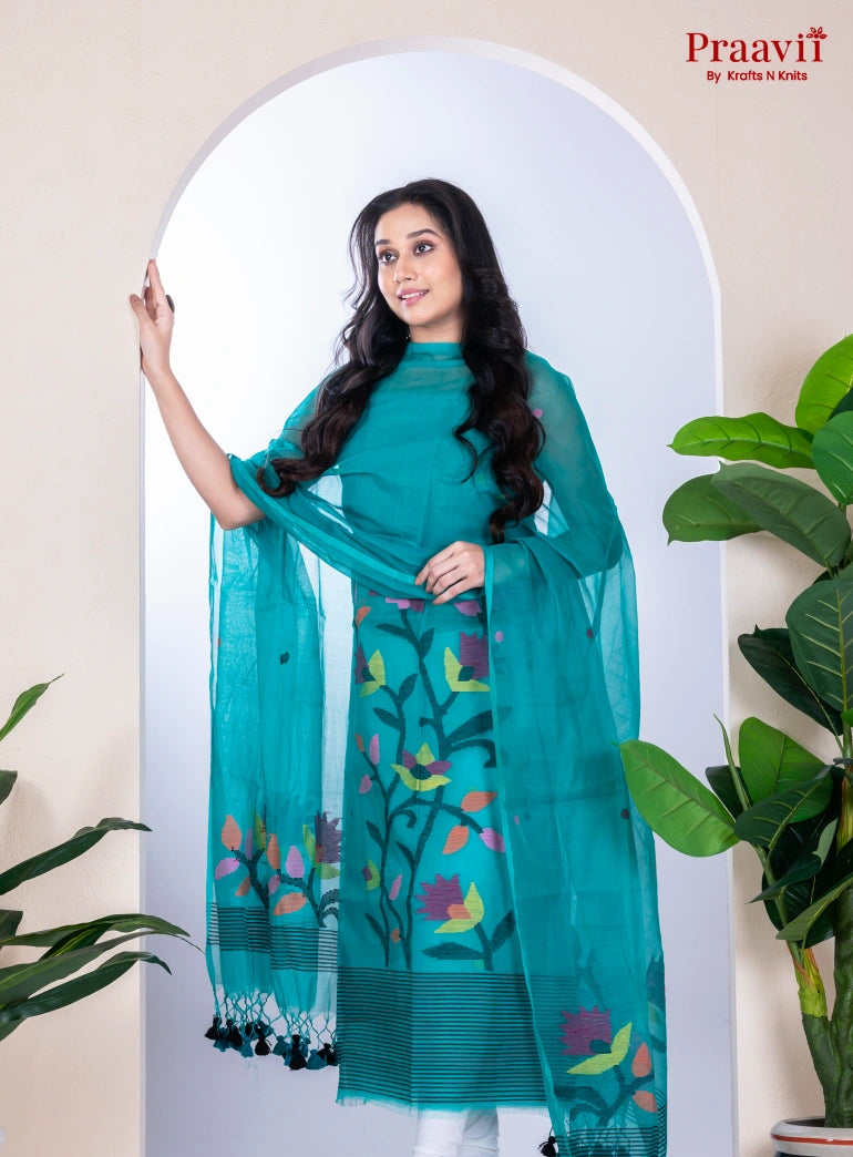 Turquoise Unstitched Muslin Jamdani Suit Set