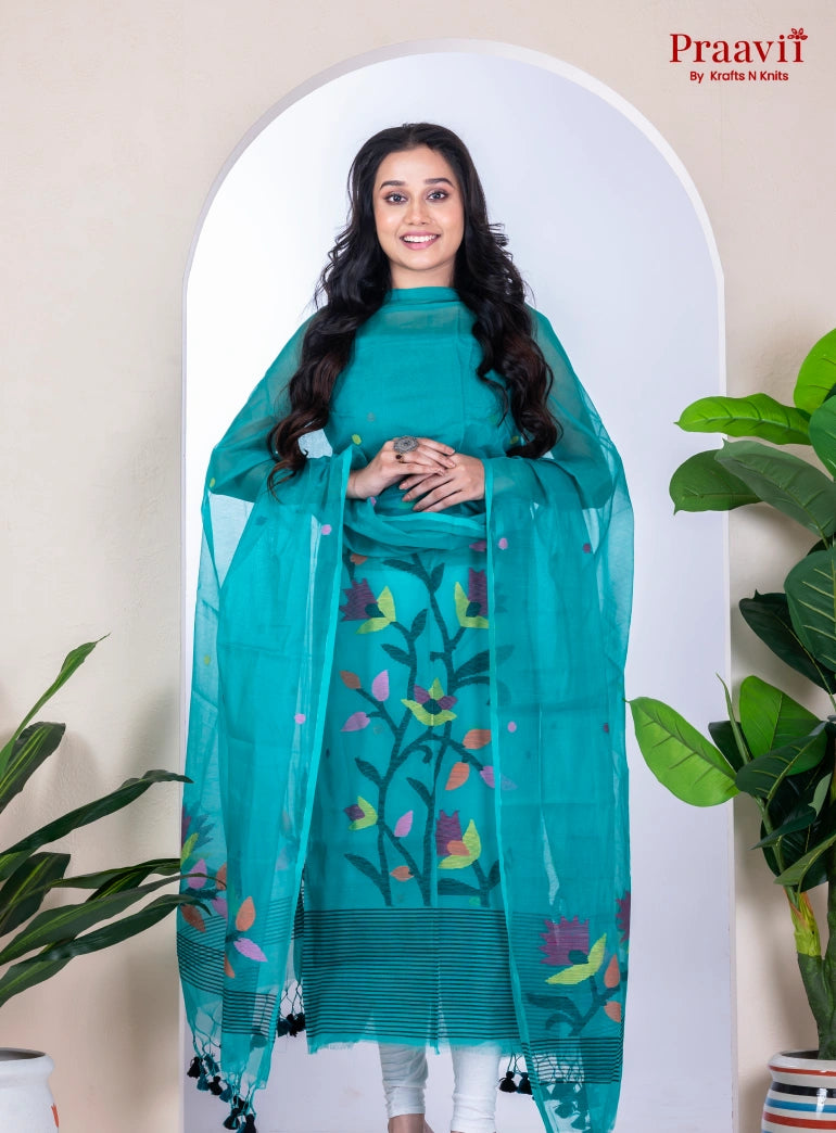 Turquoise Unstitched Muslin Jamdani Suit Set