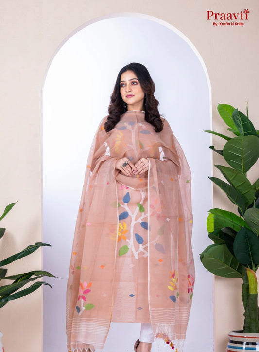 Beige Unstitched Muslin Jamdani Suit Set