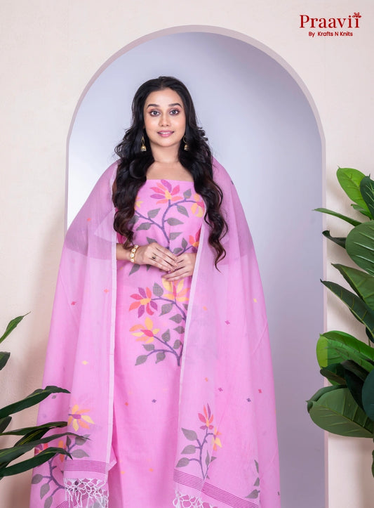Baby Pink Unstitched Cotton Jamdani Suit Set